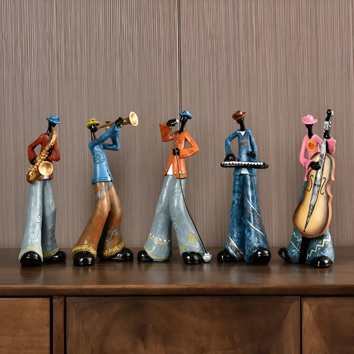 Eclectic Resin Figurine Set With Stylized Musicians