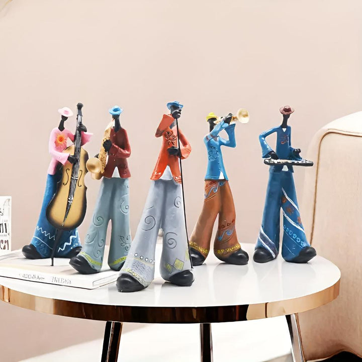 Eclectic Resin Figurine Set With Stylized Musicians