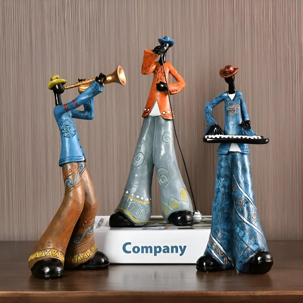 Eclectic Resin Figurine Set With Stylized Musicians