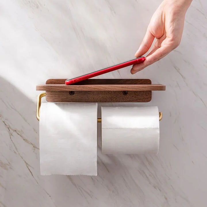 contemporary Walnut and Brass Toilet Roll Holder With Integrated Shelf