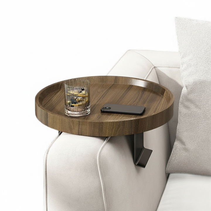Contemporary Walnut Wood Armrest Tray With Clamp Attachment