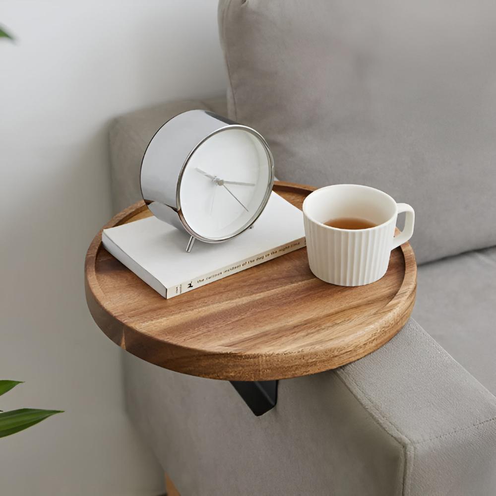 Contemporary Walnut Wood Armrest Tray With Clamp Attachment