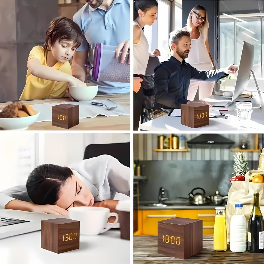 Wood Grain LED Alarm Clock With Temperature Display