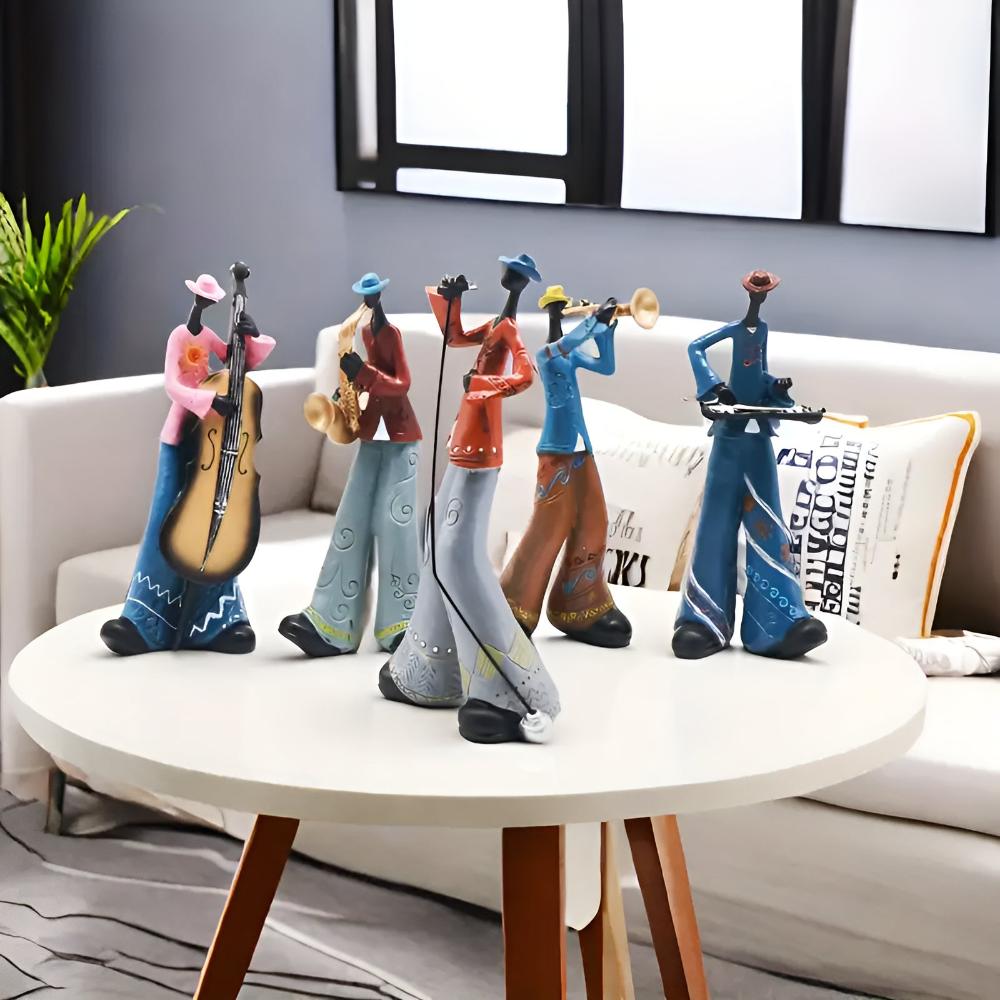 Eclectic Resin Figurine Set With Stylized Musicians