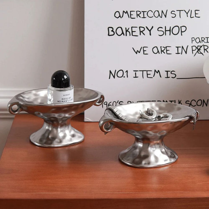 contemporary Hammered Metal Oval Tray With Dual Handles