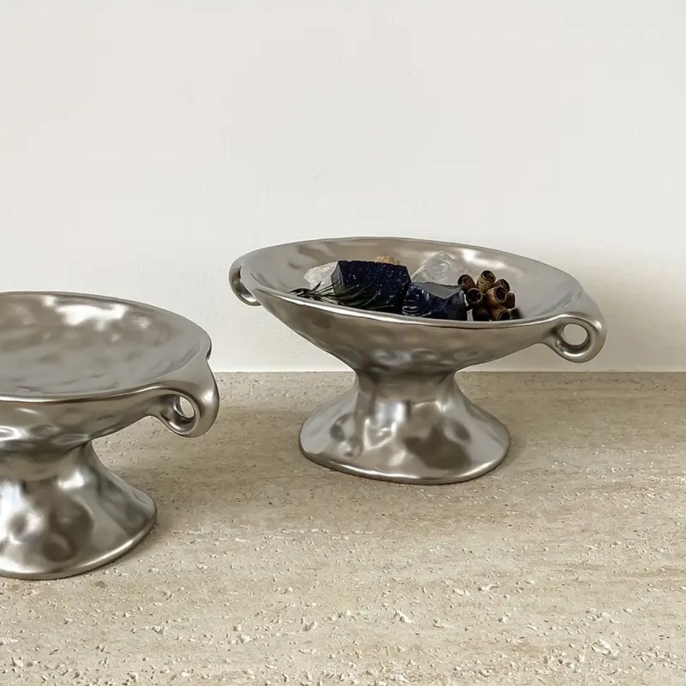 contemporary Hammered Metal Oval Tray With Dual Handles
