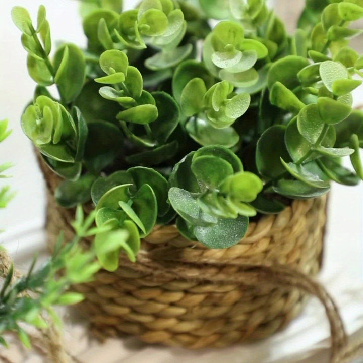 Minimalist Woven Basket Hanging Planter Set With Artificial Greenery