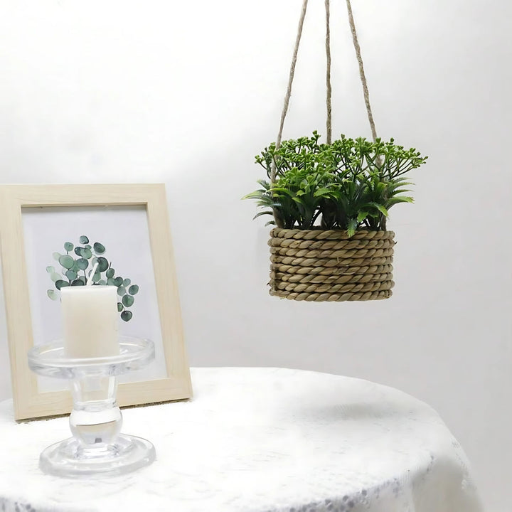 Minimalist Woven Basket Hanging Planter Set With Artificial Greenery