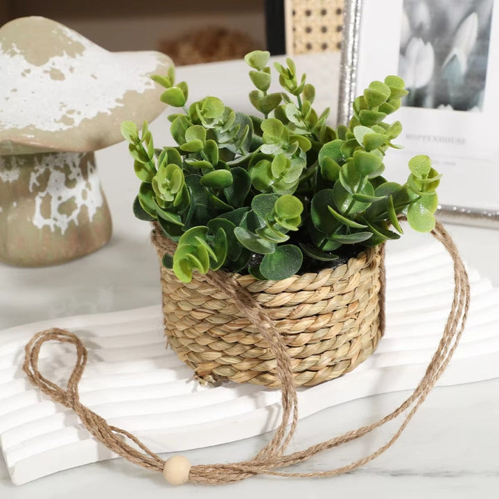 Minimalist Woven Basket Hanging Planter Set With Artificial Greenery