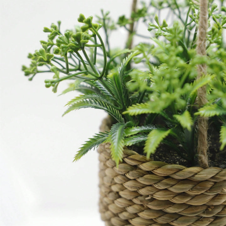 Minimalist Woven Basket Hanging Planter Set With Artificial Greenery