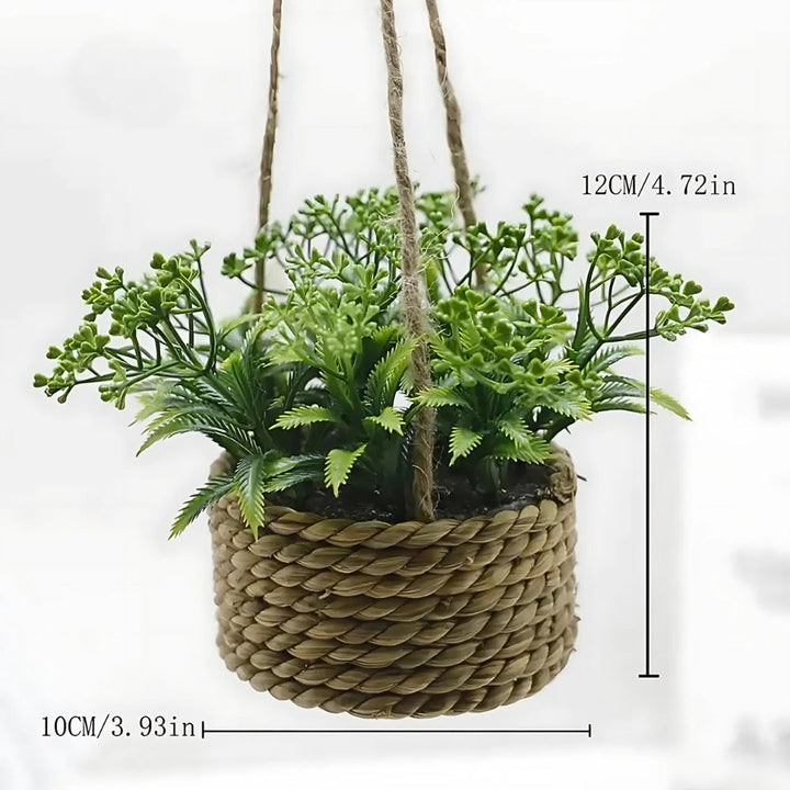 Minimalist Woven Basket Hanging Planter Set With Artificial Greenery