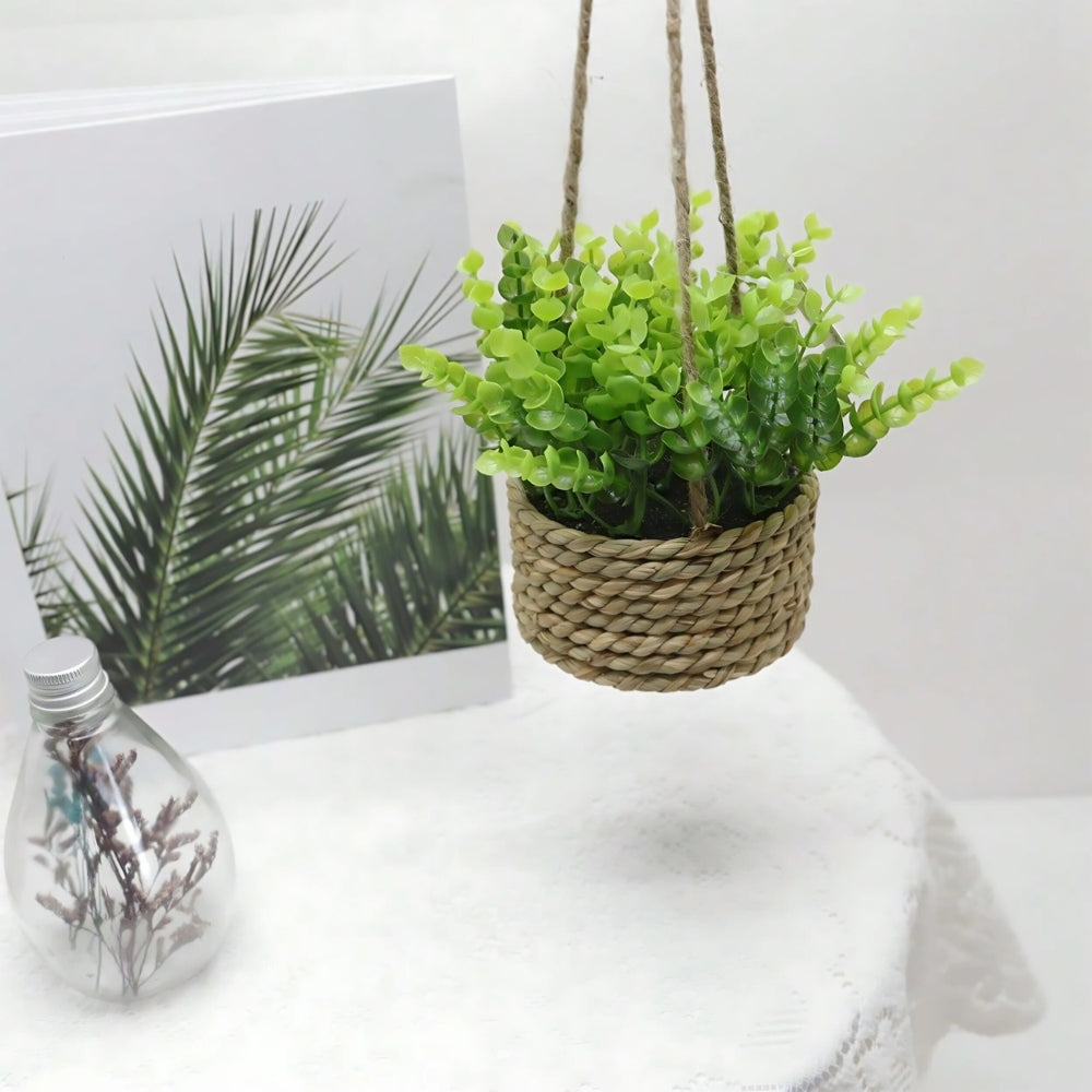 Minimalist Woven Basket Hanging Planter Set With Artificial Greenery