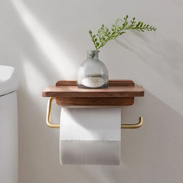 contemporary Walnut and Brass Toilet Roll Holder With Integrated Shelf