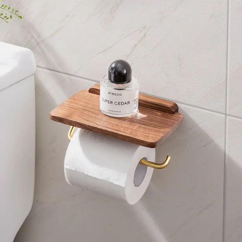 contemporary Walnut and Brass Toilet Roll Holder With Integrated Shelf