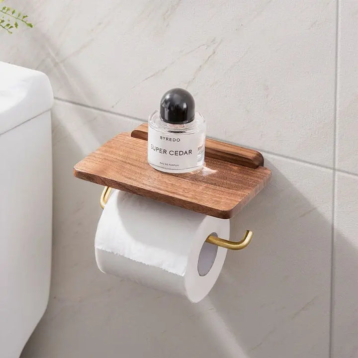 contemporary Walnut and Brass Toilet Roll Holder With Integrated Shelf