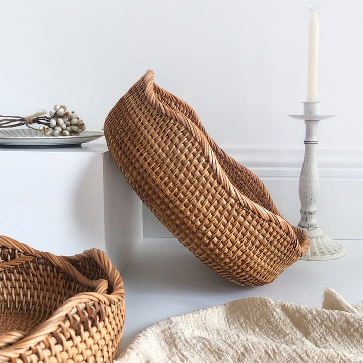 Handwoven Rattan Basket Set With Wave-Pattern Rim