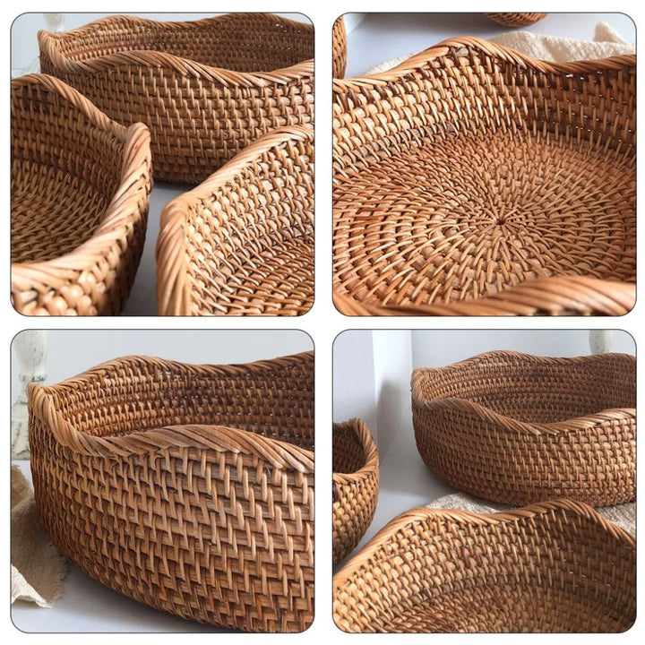 Handwoven Rattan Basket Set With Wave-Pattern Rim