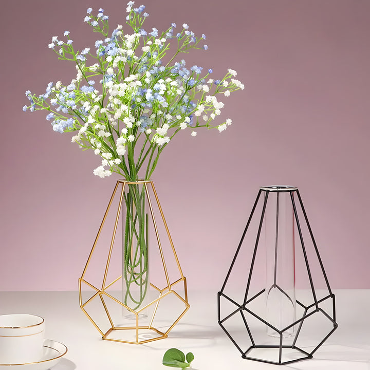 contemporary Geometric Metal and Glass Vase With Detachable Tube