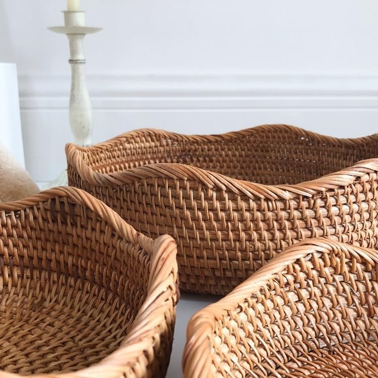 Handwoven Rattan Basket Set With Wave-Pattern Rim