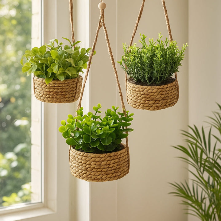 Minimalist Woven Basket Hanging Planter Set With Artificial Greenery