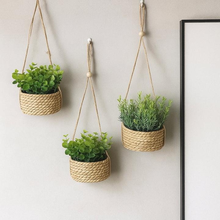 Minimalist Woven Basket Hanging Planter Set With Artificial Greenery