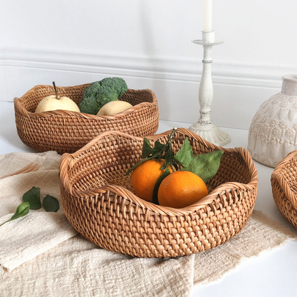 Handwoven Rattan Basket Set With Wave-Pattern Rim