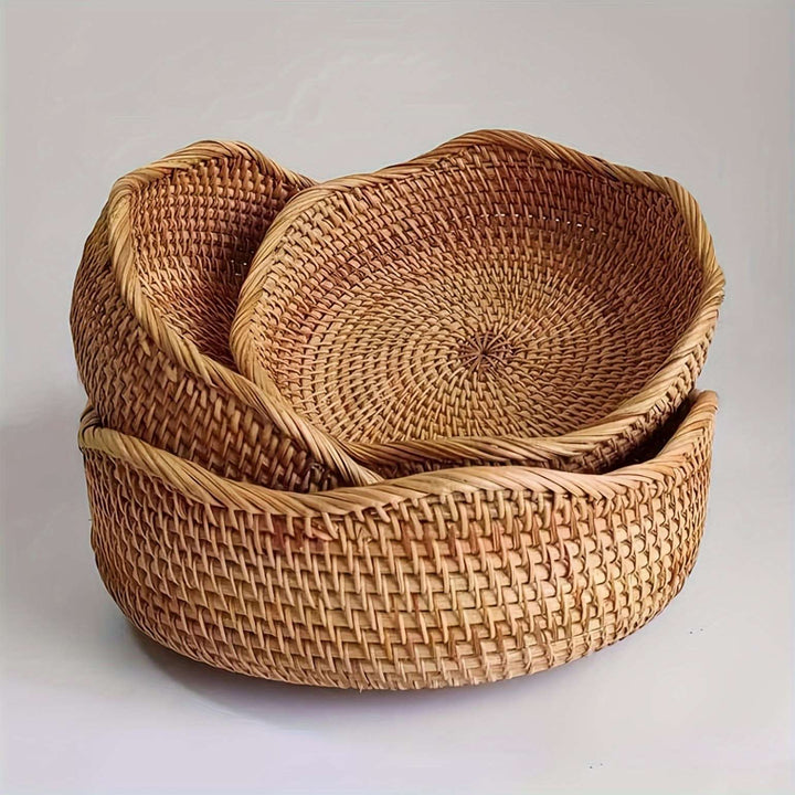 Handwoven Rattan Basket Set With Wave-Pattern Rim
