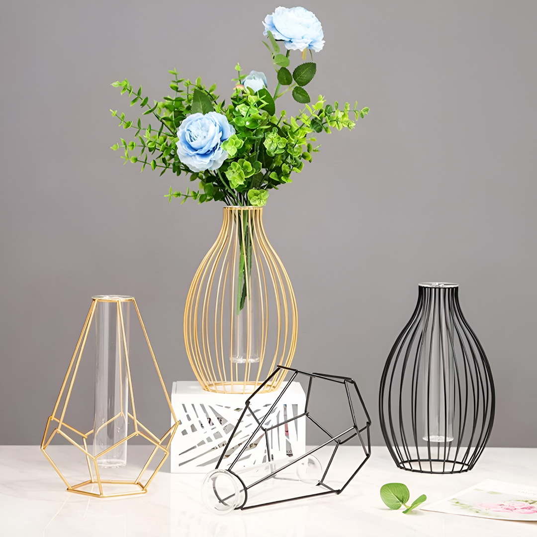 contemporary Geometric Metal and Glass Vase With Detachable Tube