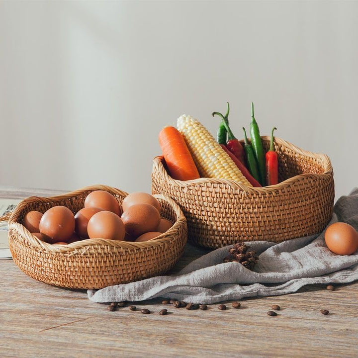 Handwoven Rattan Basket Set With Wave-Pattern Rim