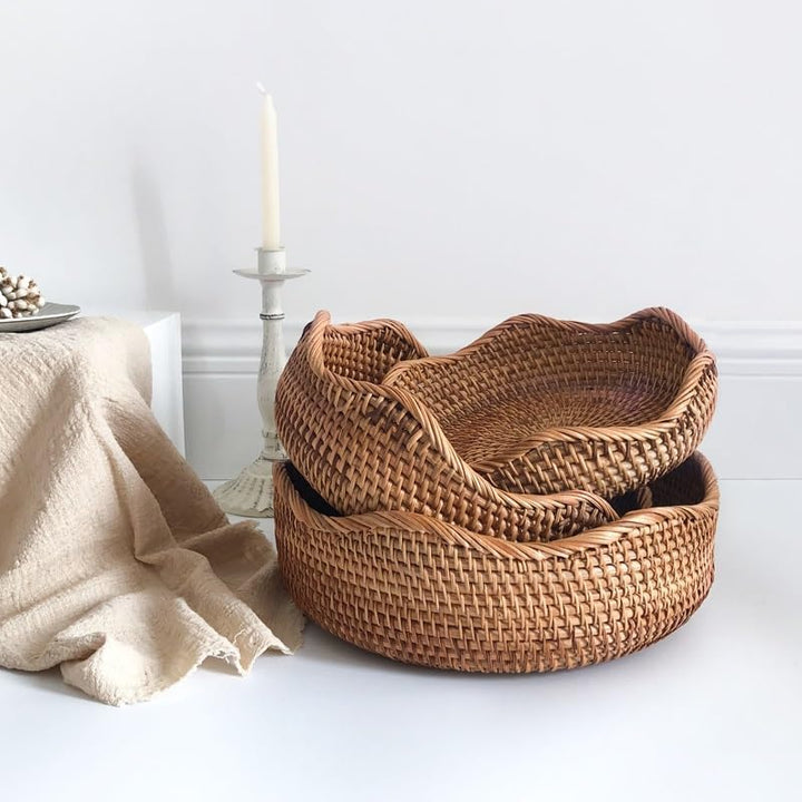 Handwoven Rattan Basket Set With Wave-Pattern Rim